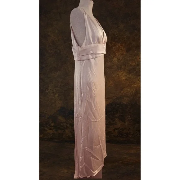 FEHAUTE Light Pink Satin V-Neck Sleeveless Maxi Dress with Side Slit Size 8